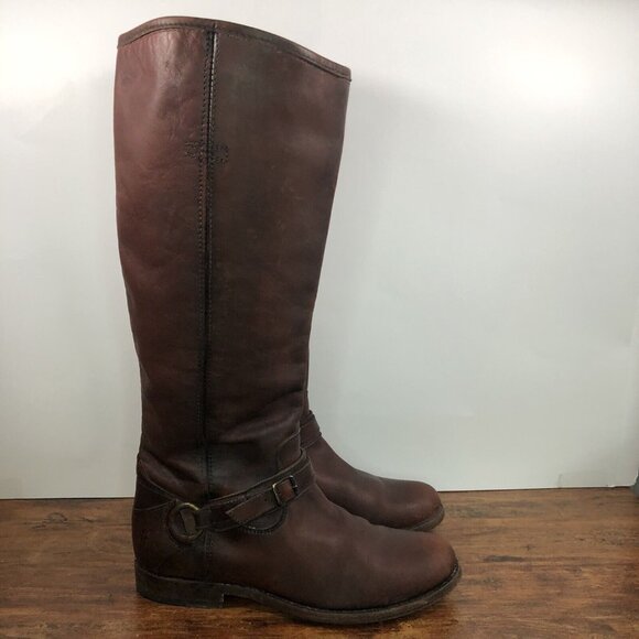 Frye Shoes - Frye Womens SZ 8B Distressed Harness Buckle Tall Brown Leather Riding Boots 16”